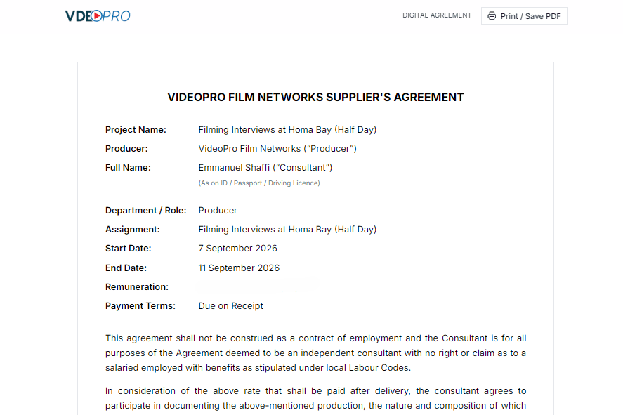 Screenshot of the VDEOPRO crew agreement workflow for the ExploreGod project.